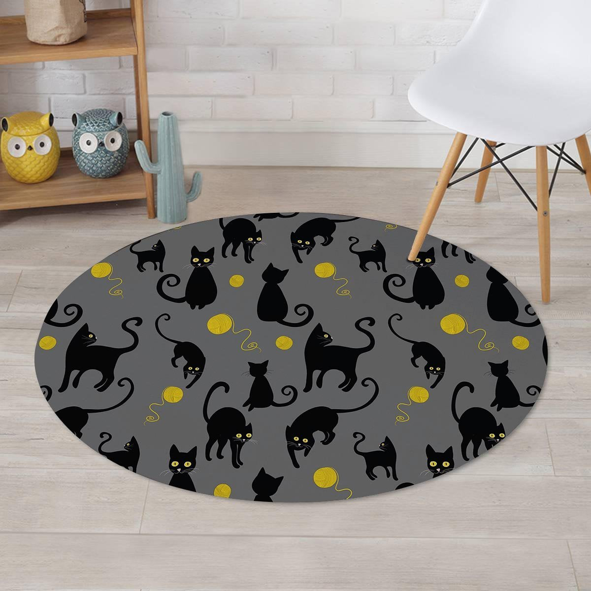 Black Cat Knit Print Round Rug-grizzshop