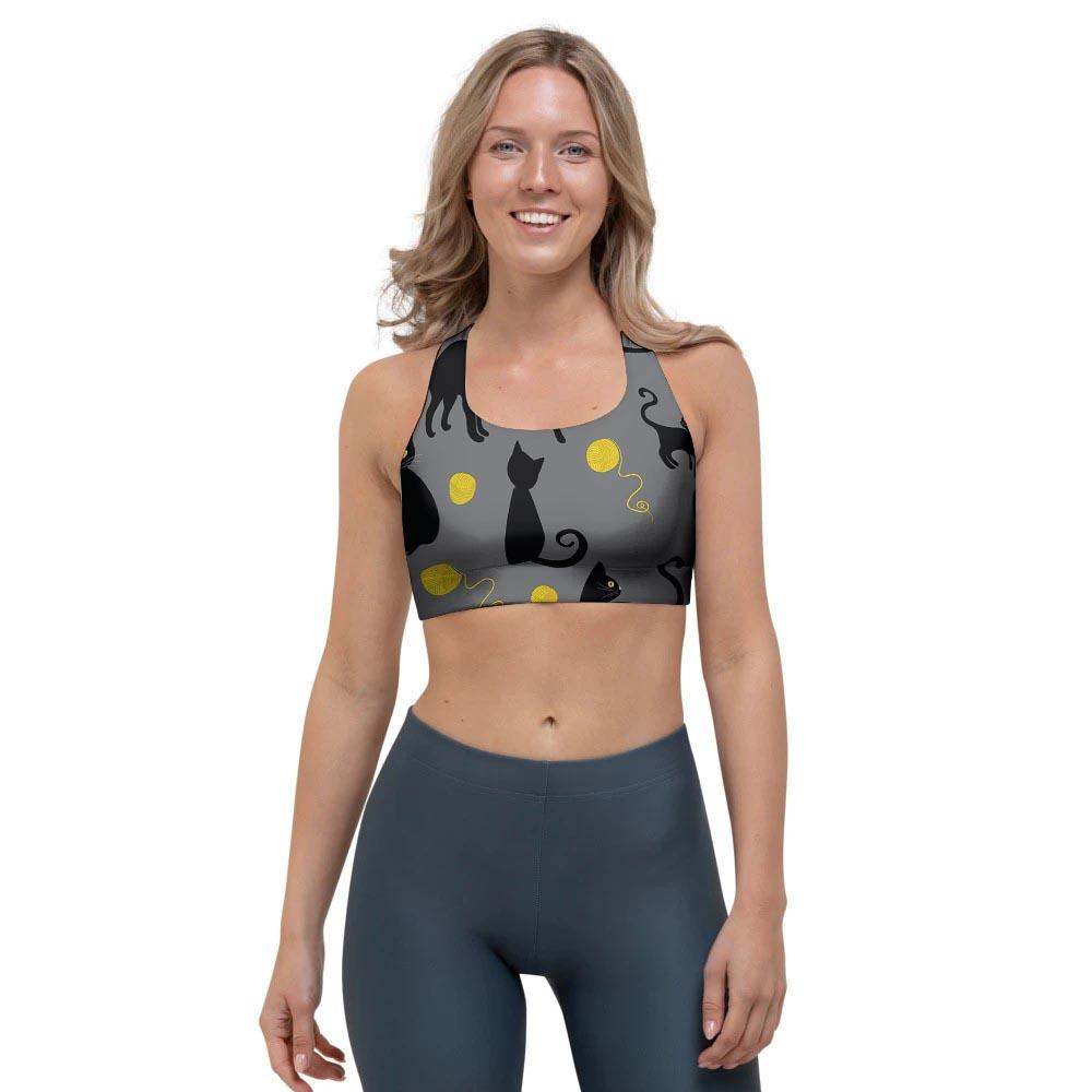 Black Cat Knit Print Sports Bra-grizzshop