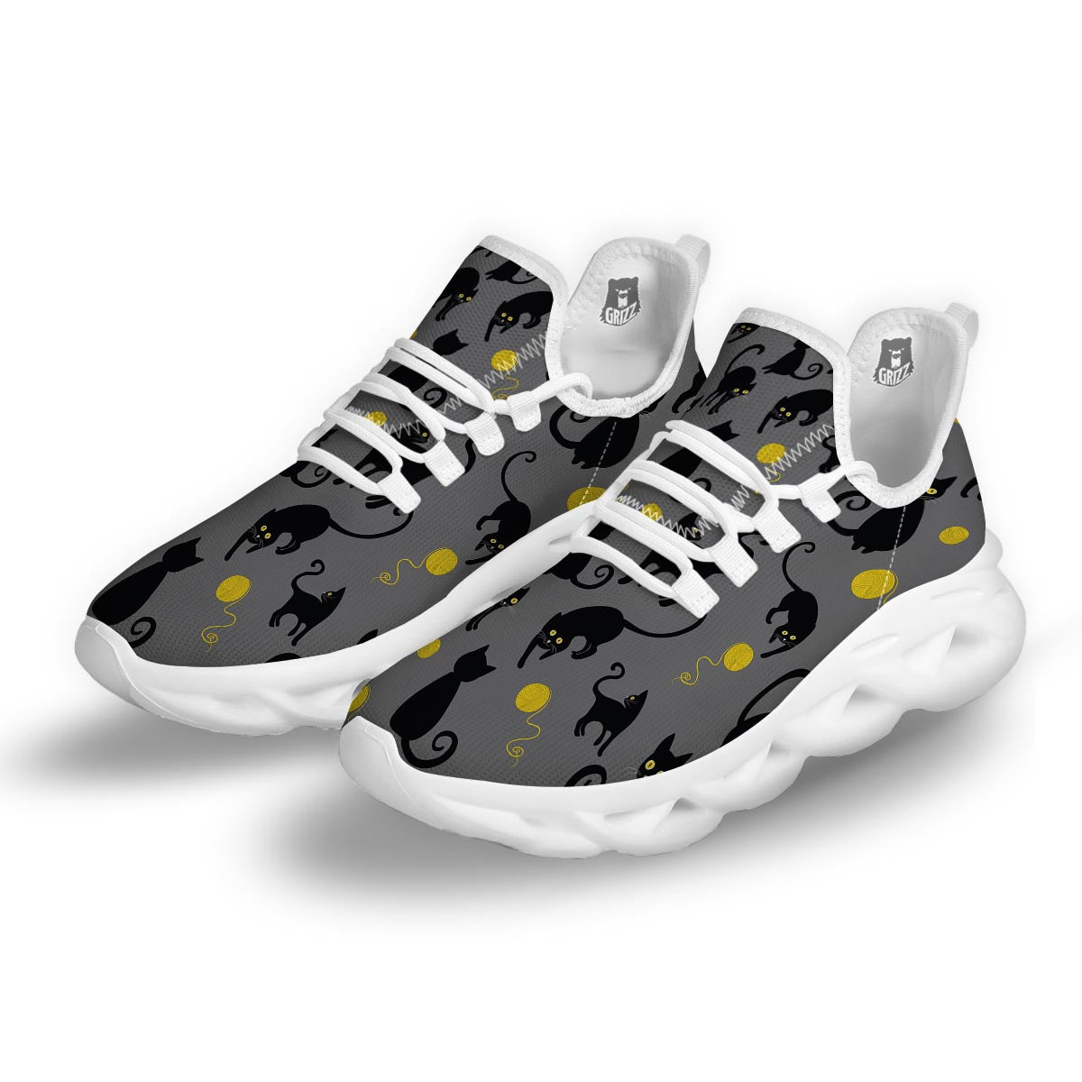 Black Cat Knit Print White Running Shoes-grizzshop