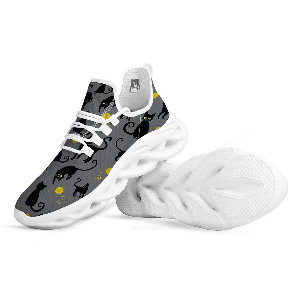 Black Cat Knit Print White Running Shoes-grizzshop