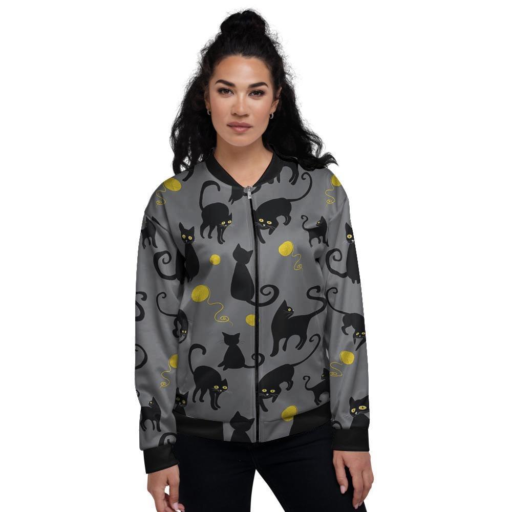 Black Cat Knit Print Women's Bomber Jacket-grizzshop