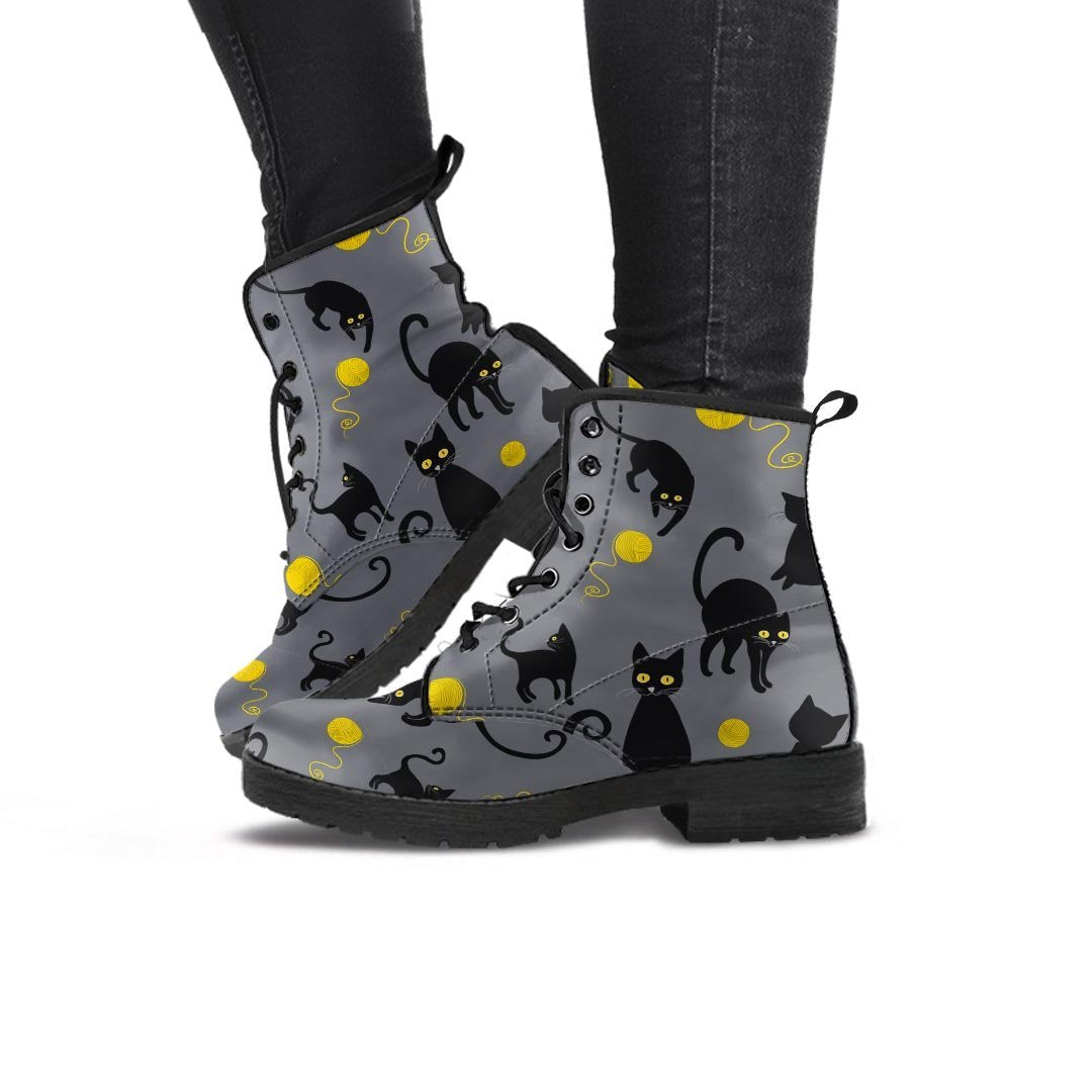 Black Cat Knit Print Women's Boots-grizzshop