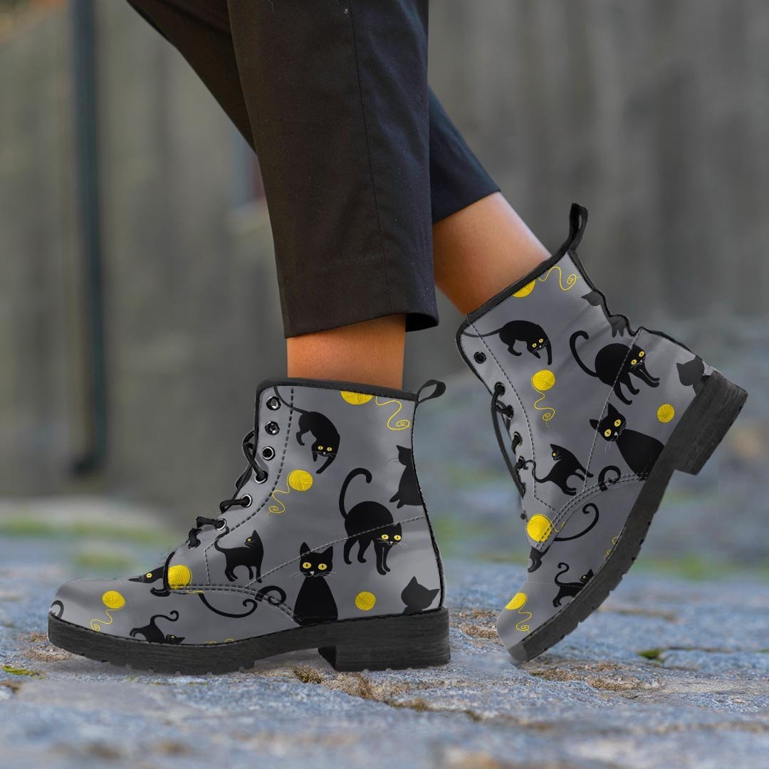 Black Cat Knit Print Women's Boots-grizzshop