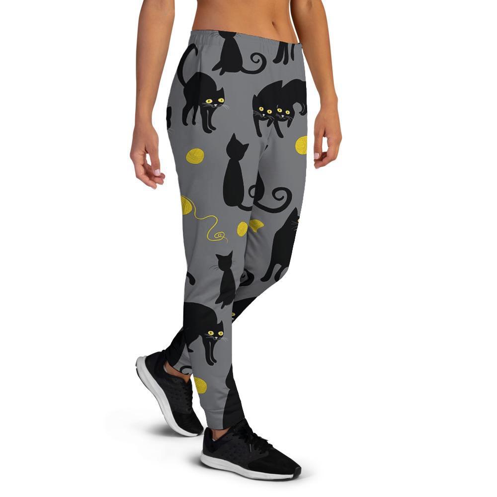 Black Cat Knit Print Women's Joggers-grizzshop