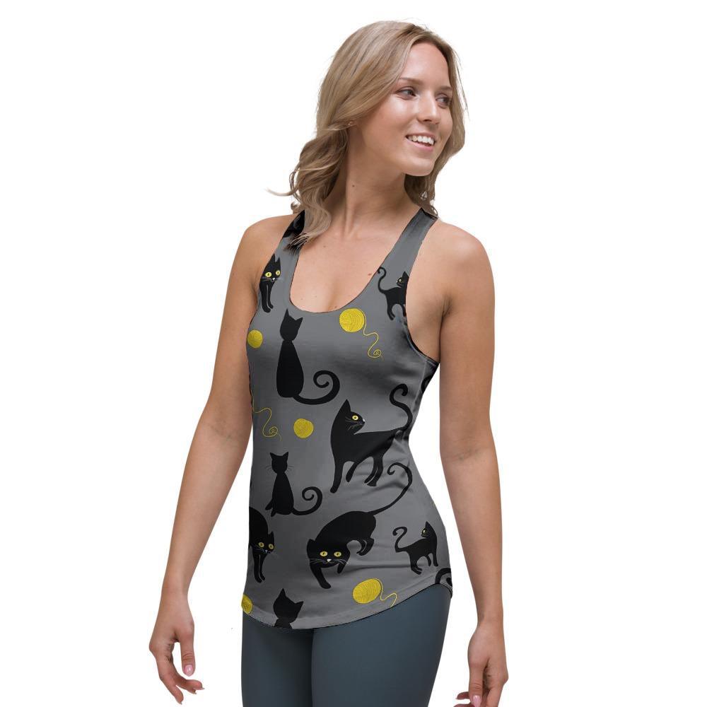 Black Cat Knit Print Women's Racerback Tank Top-grizzshop