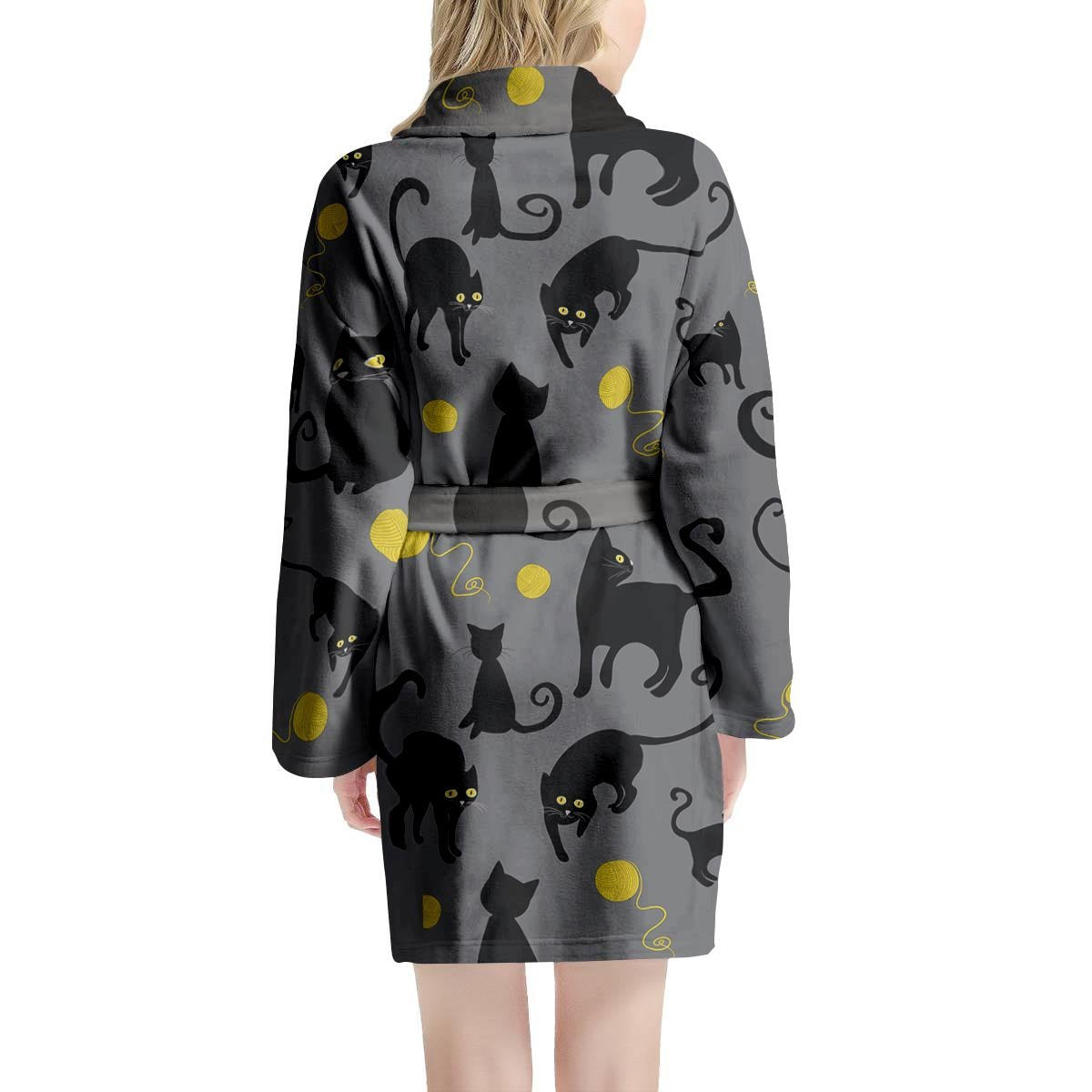 Black Cat Knit Print Women's Robe-grizzshop