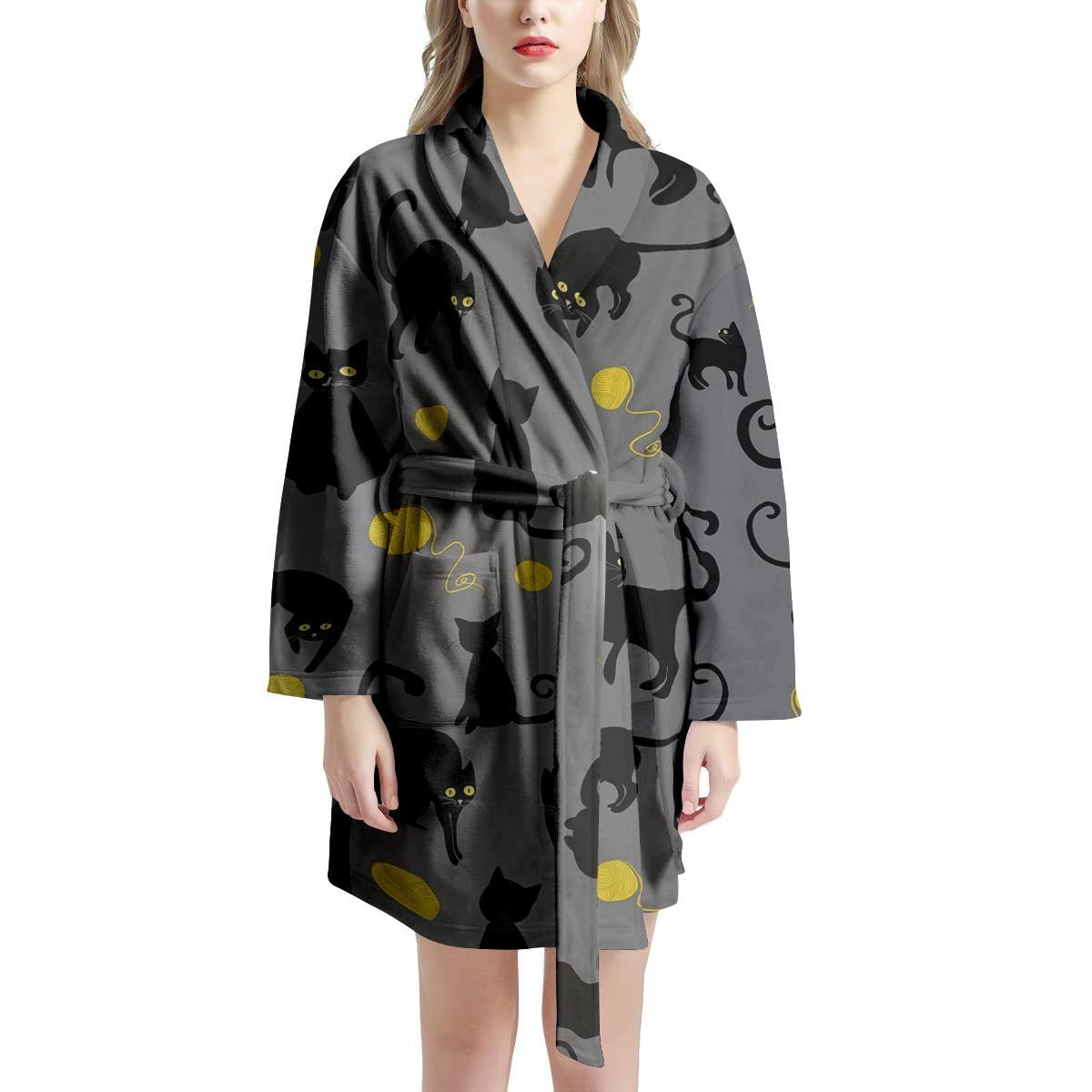 Black Cat Knit Print Women's Robe-grizzshop