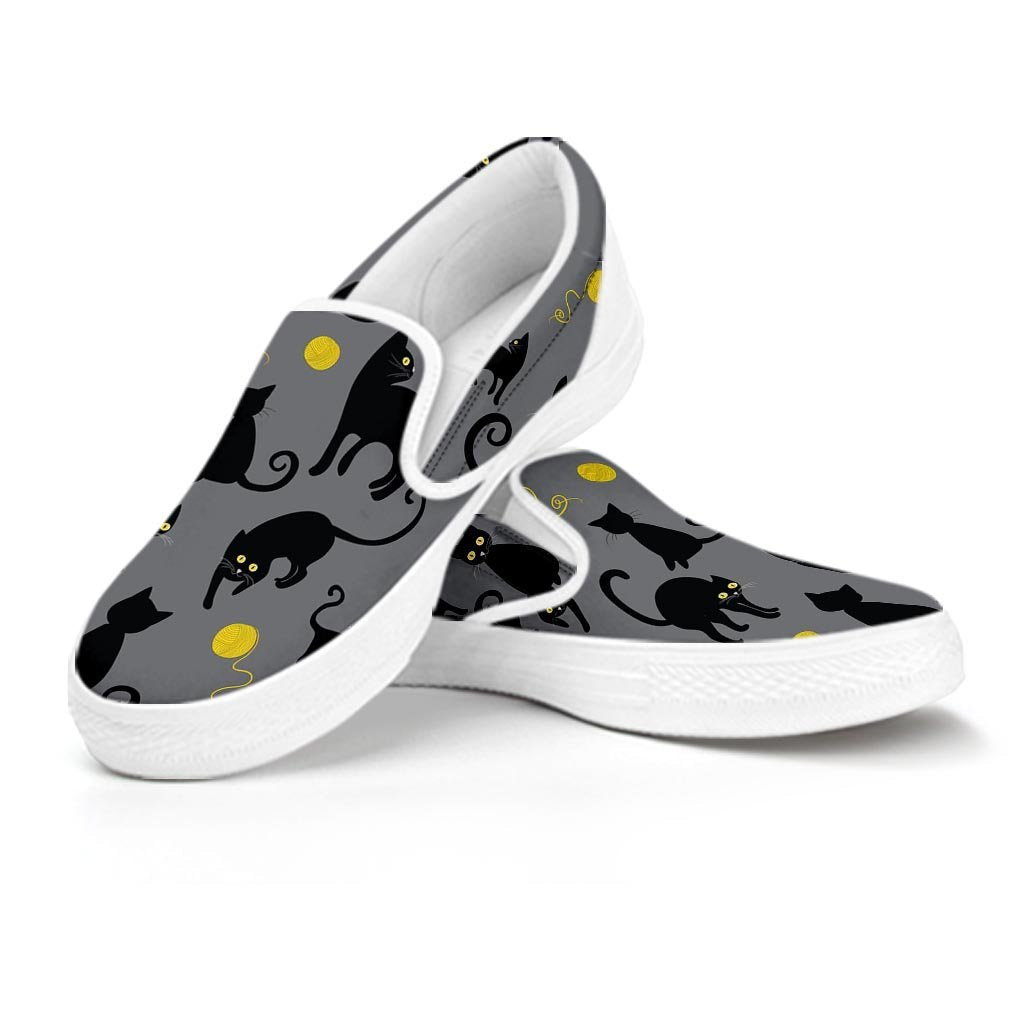 Black Cat Knit Print Women's Slip On Sneakers-grizzshop