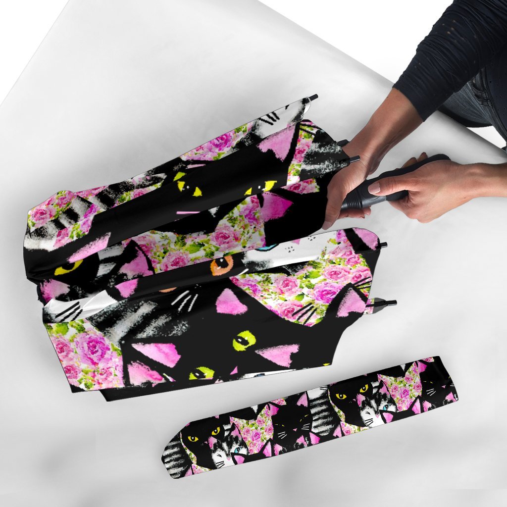 Black Cat Pattern Print Automatic Foldable Umbrella-grizzshop