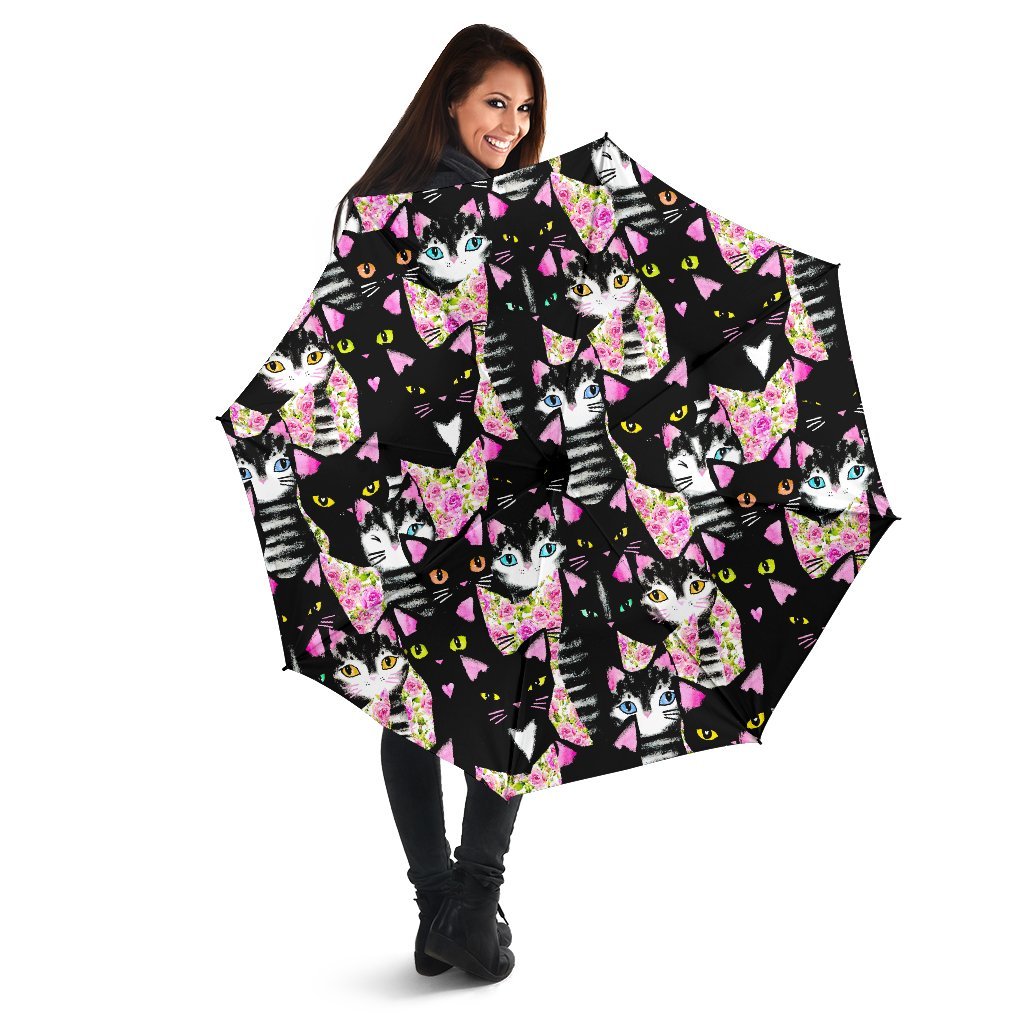 Black Cat Pattern Print Automatic Foldable Umbrella-grizzshop
