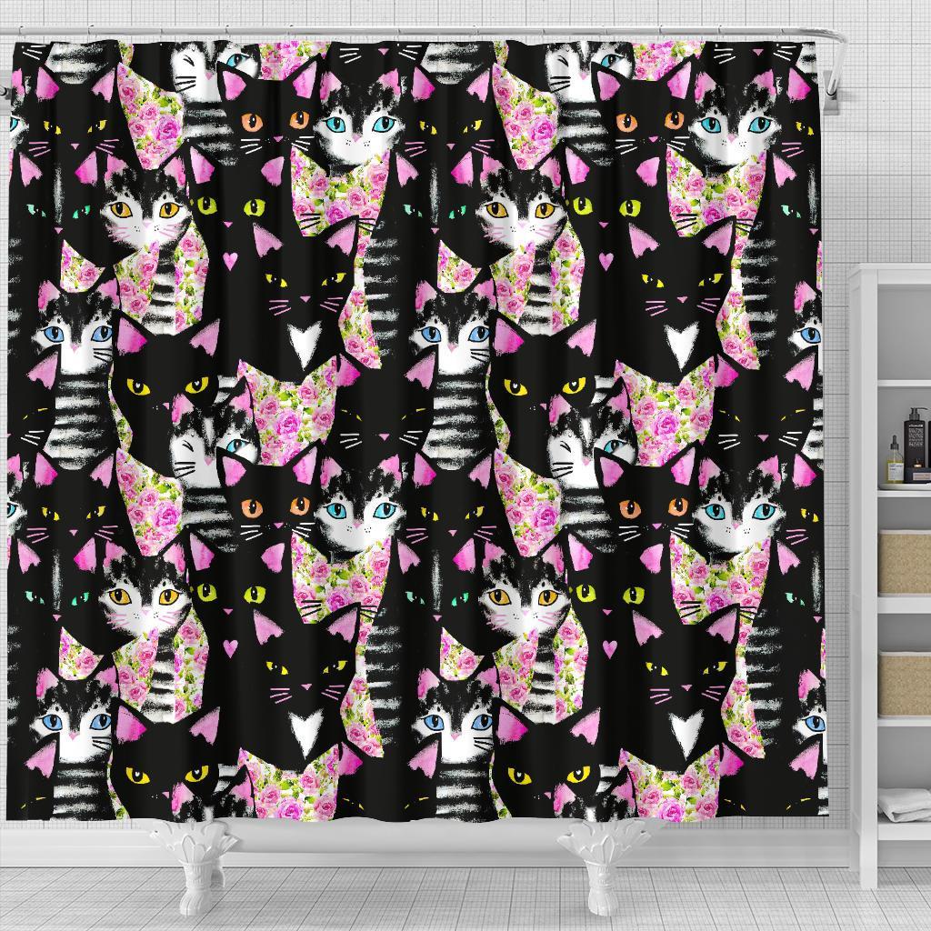 Black Cat Pattern Print Bathroom Shower Curtain-grizzshop