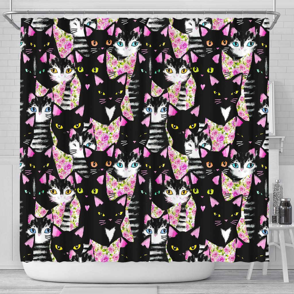 Black Cat Pattern Print Bathroom Shower Curtain-grizzshop