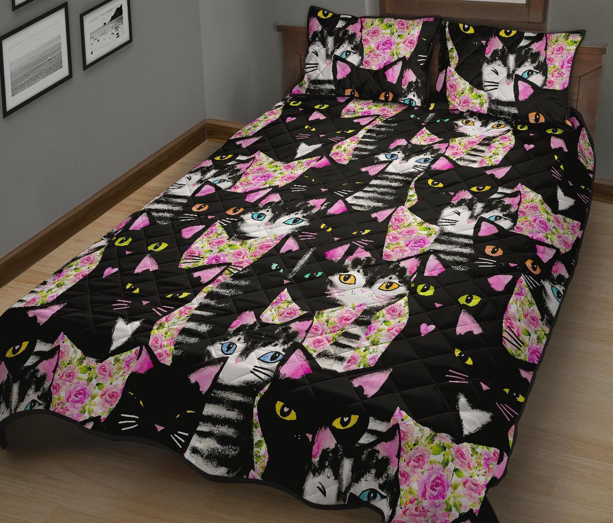 Black Cat Pattern Print Bed Set Quilt-grizzshop