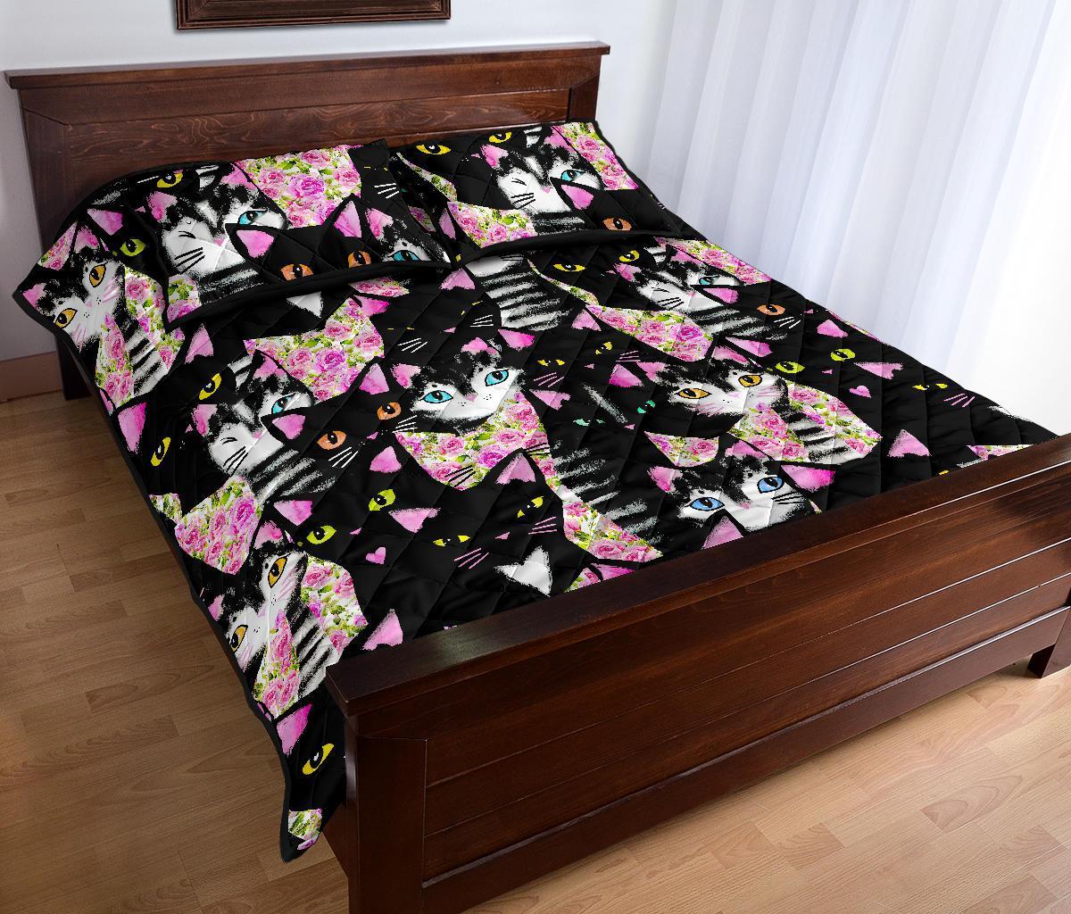 Black Cat Pattern Print Bed Set Quilt-grizzshop