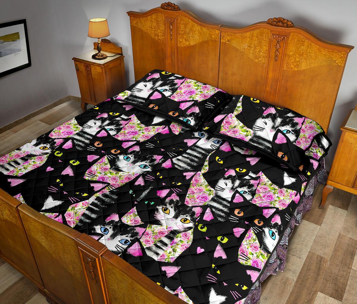 Black Cat Pattern Print Bed Set Quilt-grizzshop