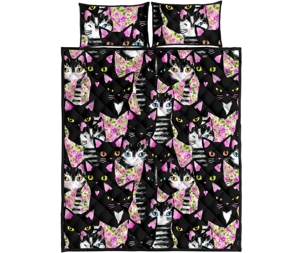 Black Cat Pattern Print Bed Set Quilt-grizzshop