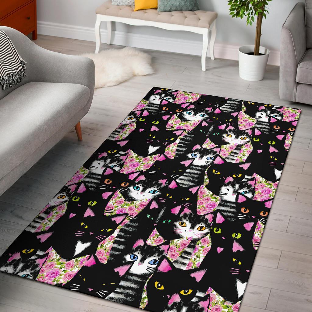 Black Cat Pattern Print Floor Mat-grizzshop