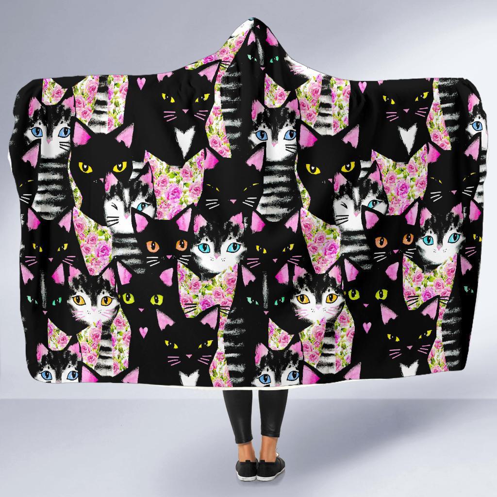 Black Cat Pattern Print Hooded Blanket-grizzshop