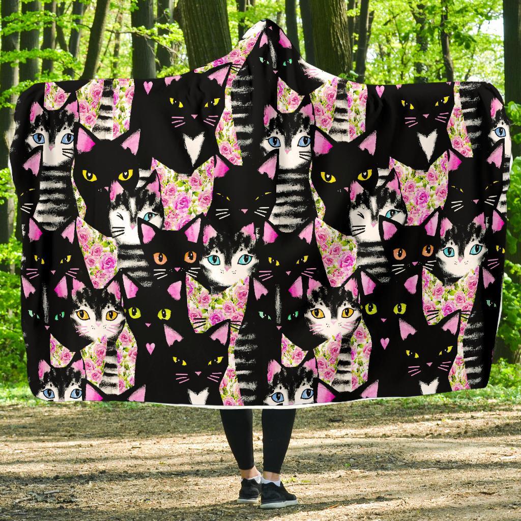 Black Cat Pattern Print Hooded Blanket-grizzshop