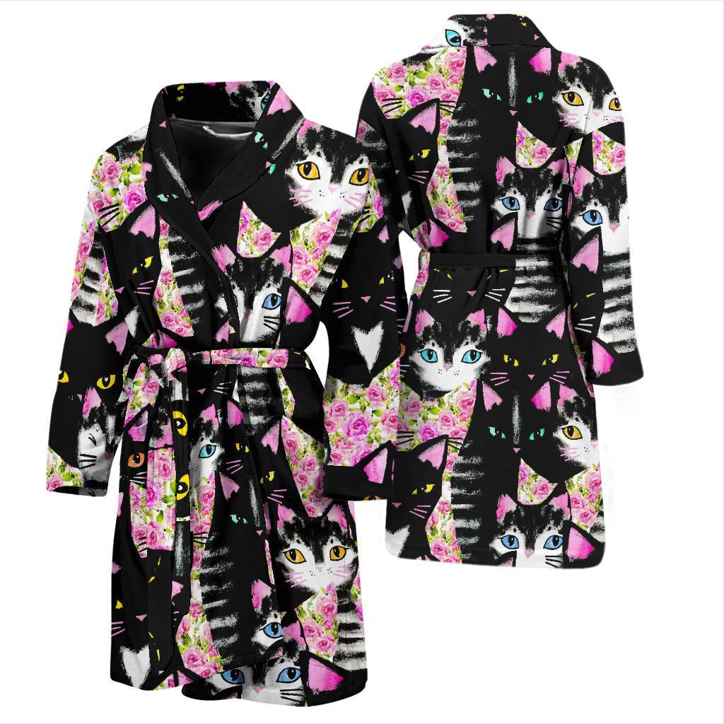 Black Cat Pattern Print Men Long Robe-grizzshop