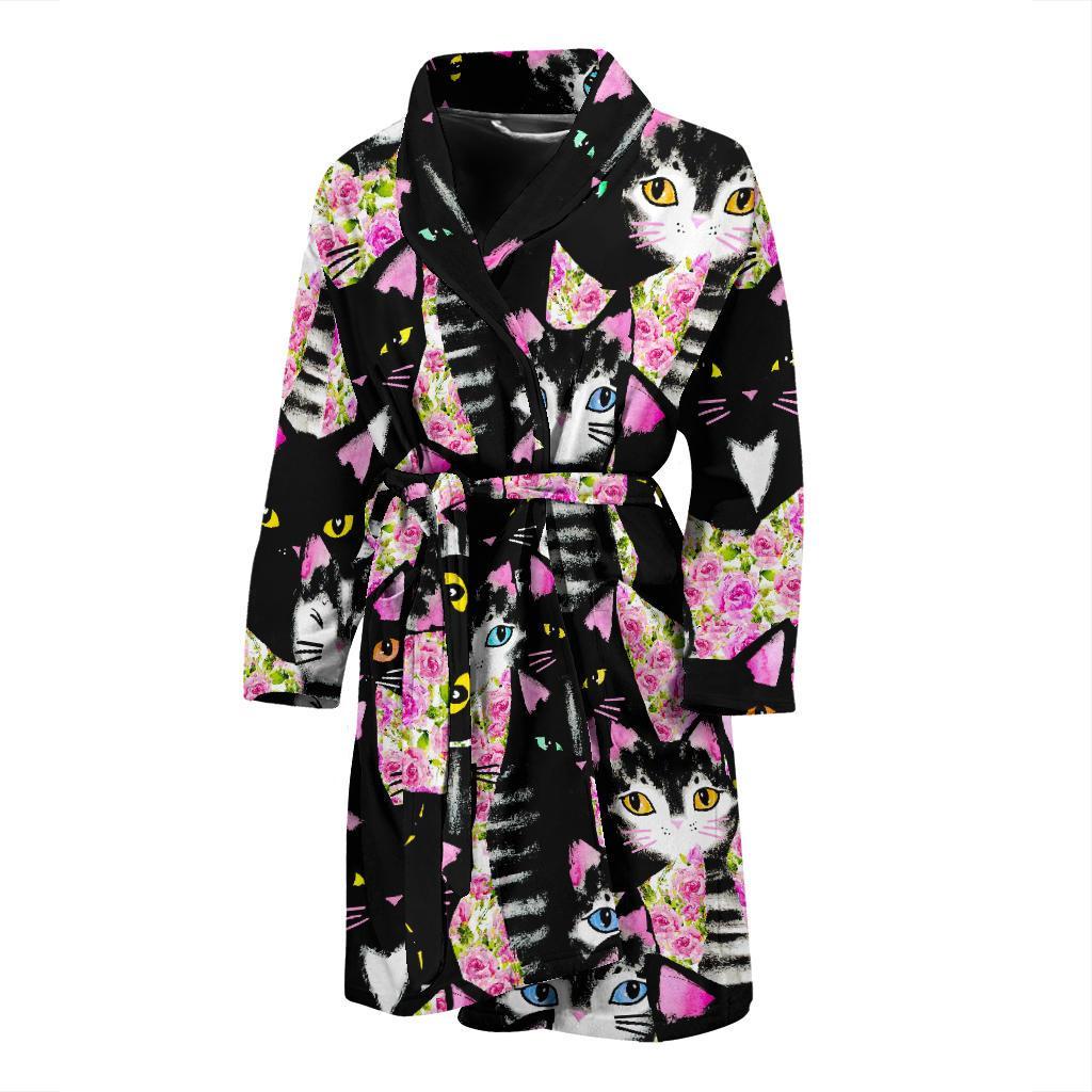 Black Cat Pattern Print Men Long Robe-grizzshop