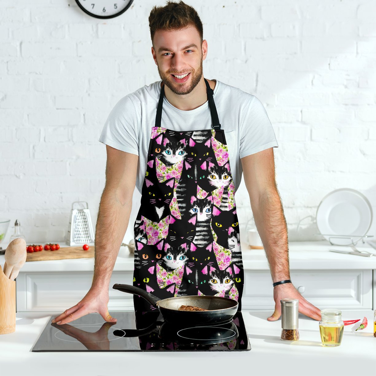 Black Cat Pattern Print Men's Apron-grizzshop