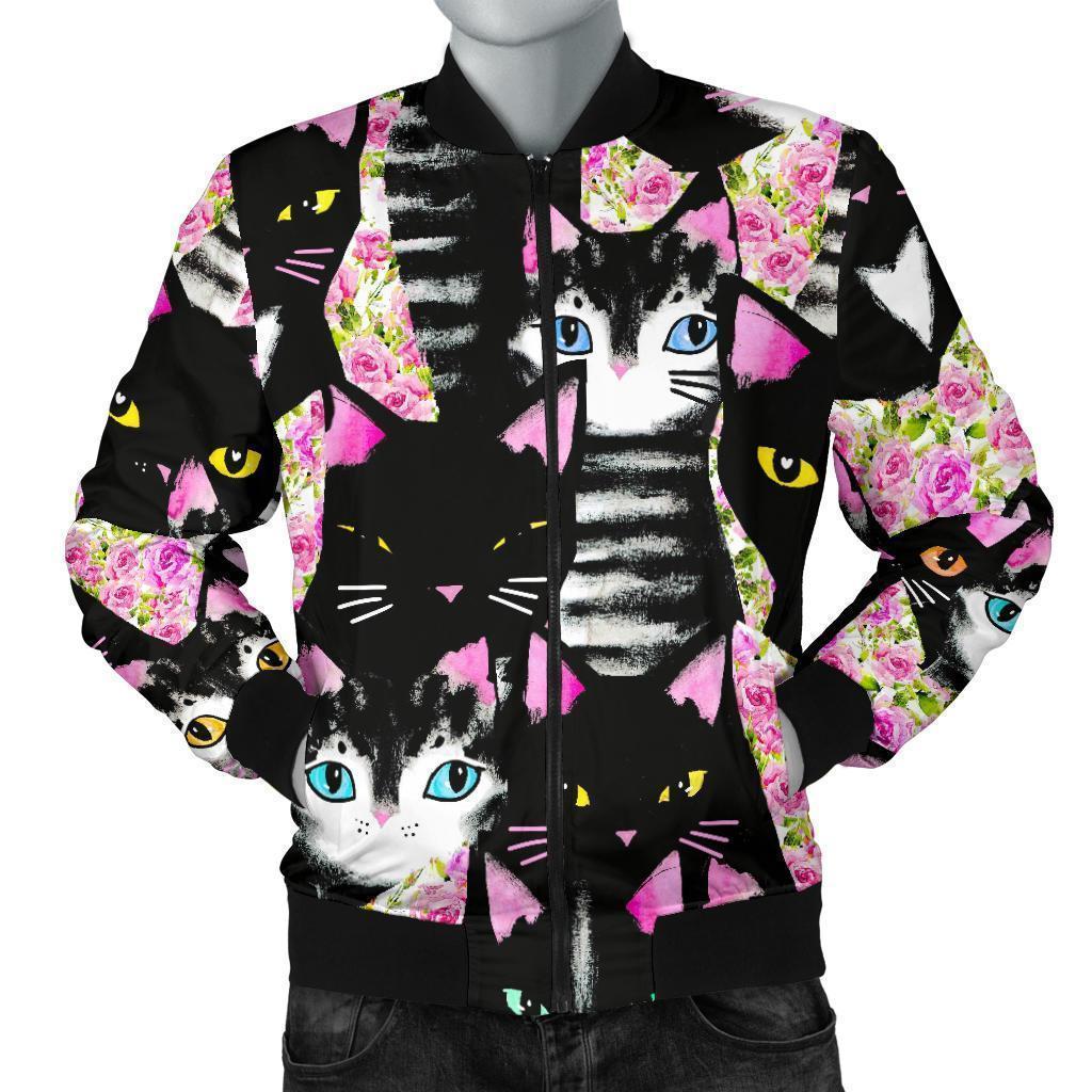 Black Cat Pattern Print Men's Bomber Jacket-grizzshop