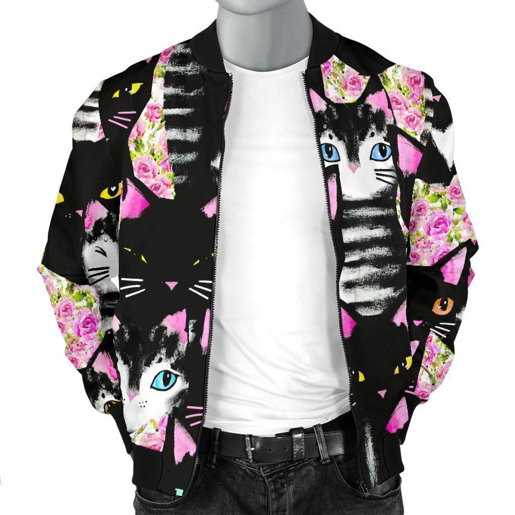 Black Cat Pattern Print Men's Bomber Jacket-grizzshop