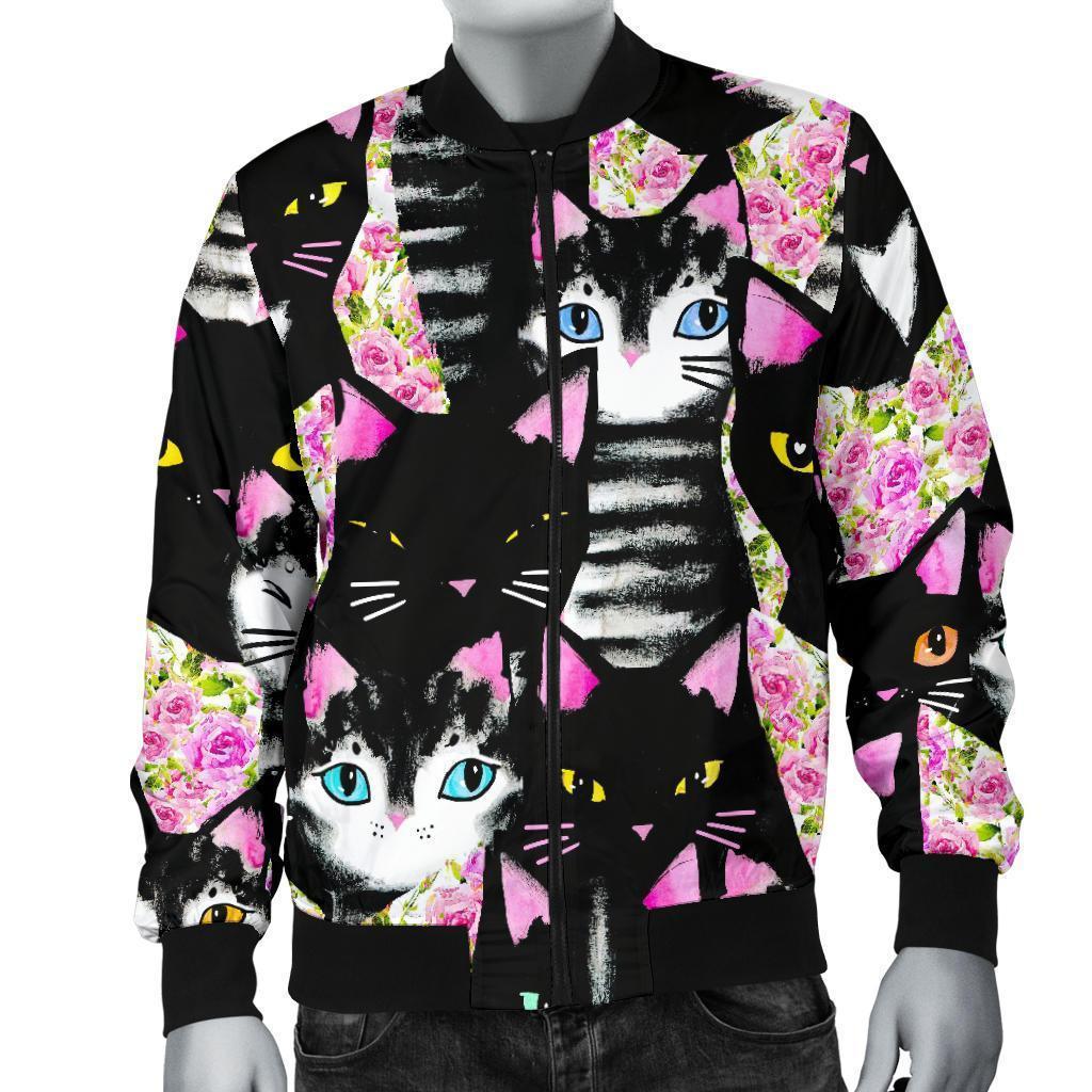 Black Cat Pattern Print Men's Bomber Jacket-grizzshop