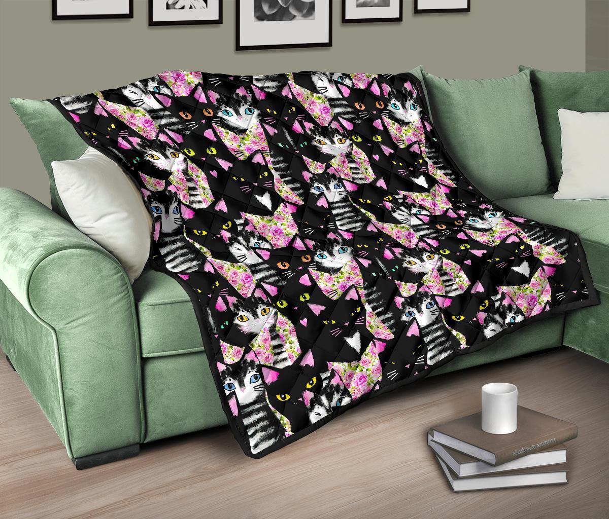 Black Cat Pattern Print Quilt-grizzshop