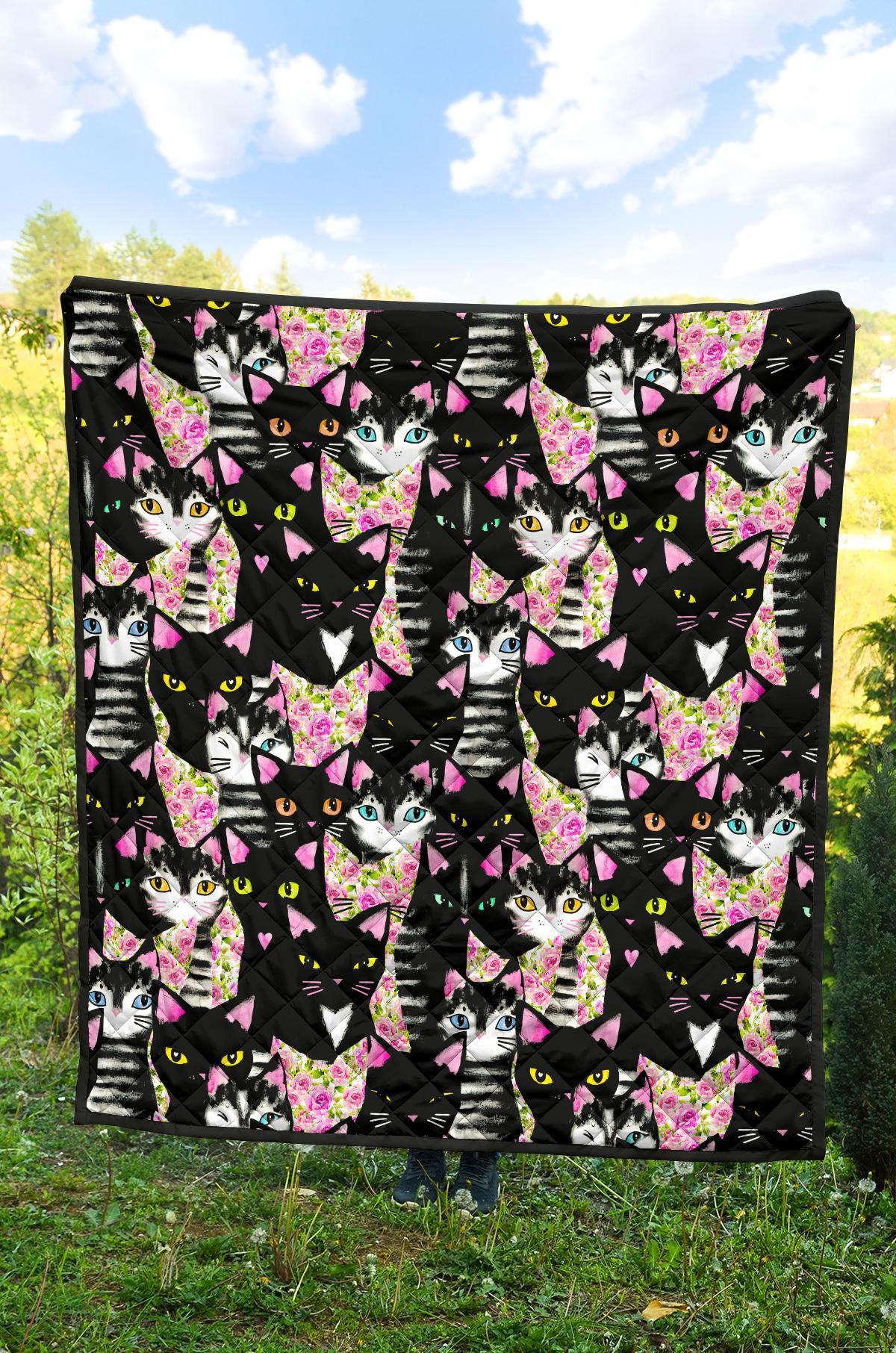 Black Cat Pattern Print Quilt-grizzshop