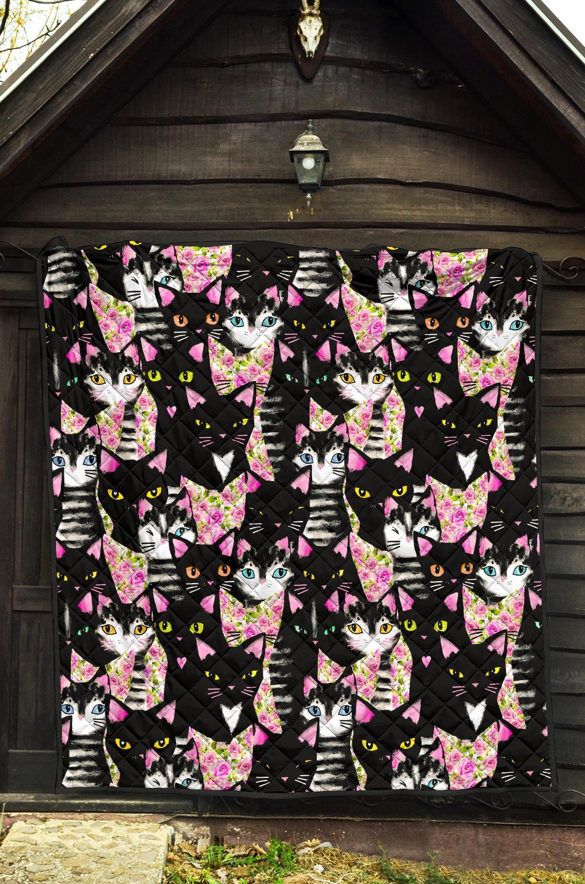 Black Cat Pattern Print Quilt-grizzshop