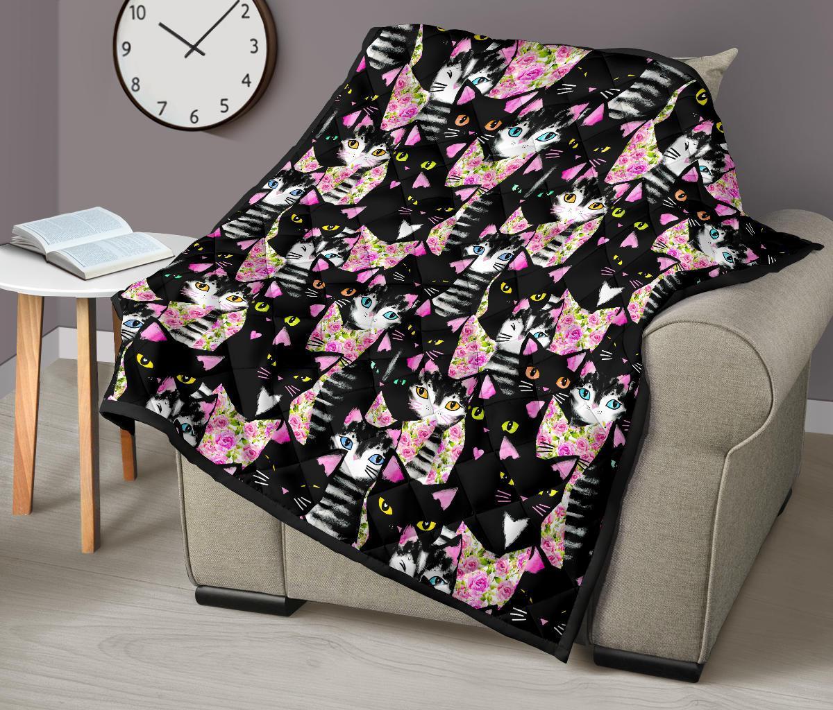 Black Cat Pattern Print Quilt-grizzshop