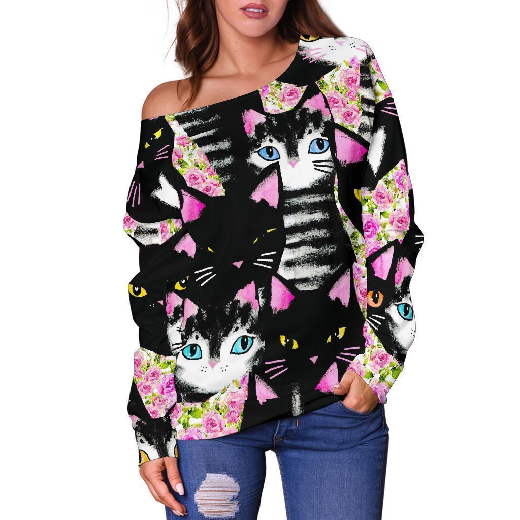 Black Cat Pattern Print Women Off Shoulder Sweatshirt-grizzshop