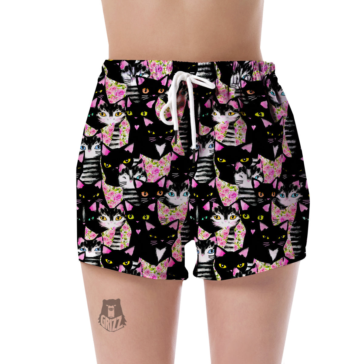 Black Cat Pattern Print Women's Shorts-grizzshop