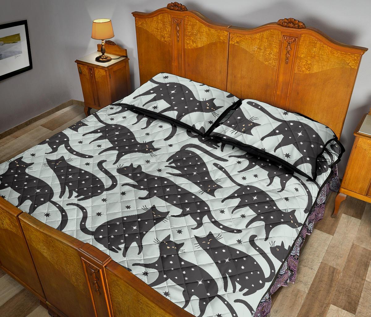 Black Cat Print Pattern Bed Set Quilt-grizzshop