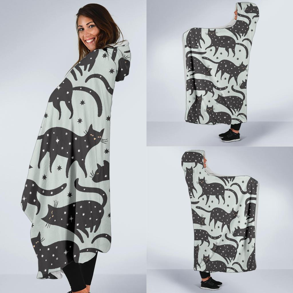 Black Cat Print Pattern Hooded Blanket-grizzshop