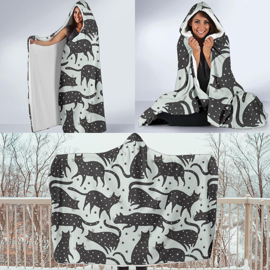 Black Cat Print Pattern Hooded Blanket-grizzshop