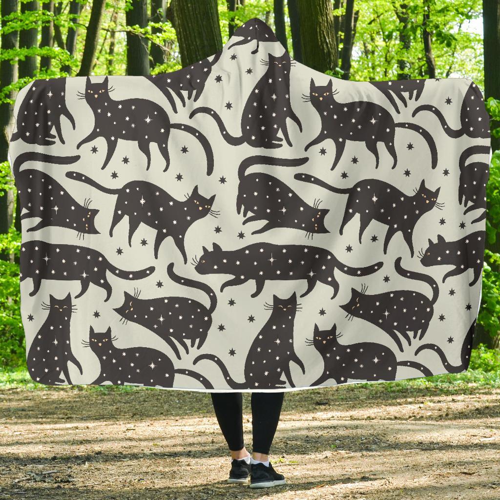 Black Cat Print Pattern Hooded Blanket-grizzshop