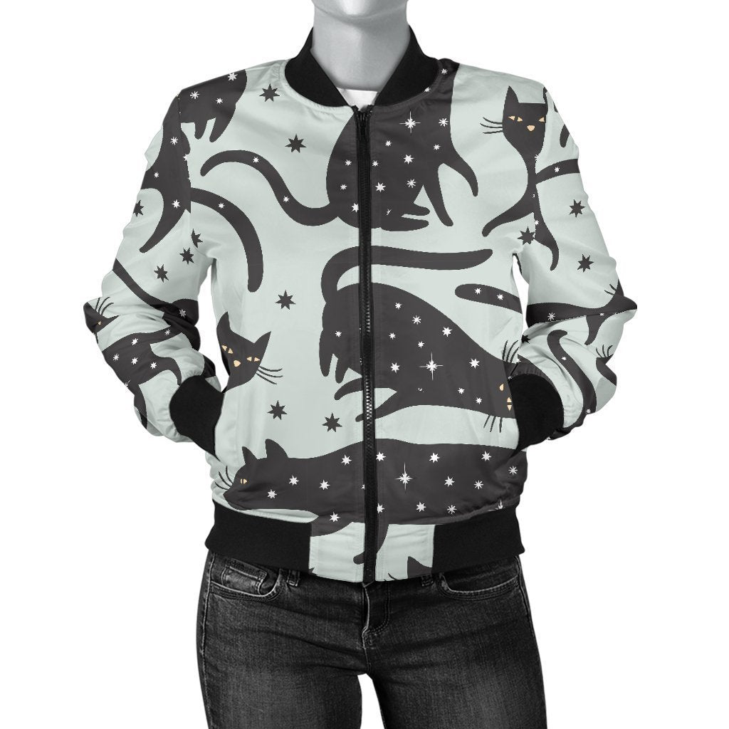 Black Cat Print Pattern Women Casual Bomber Jacket-grizzshop