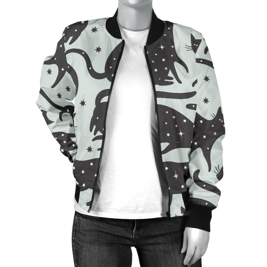 Black Cat Print Pattern Women Casual Bomber Jacket-grizzshop