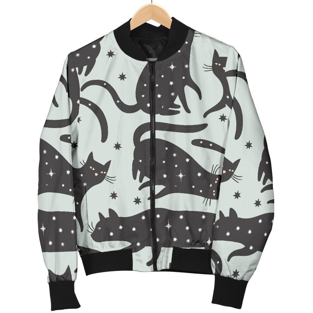 Black Cat Print Pattern Women Casual Bomber Jacket-grizzshop