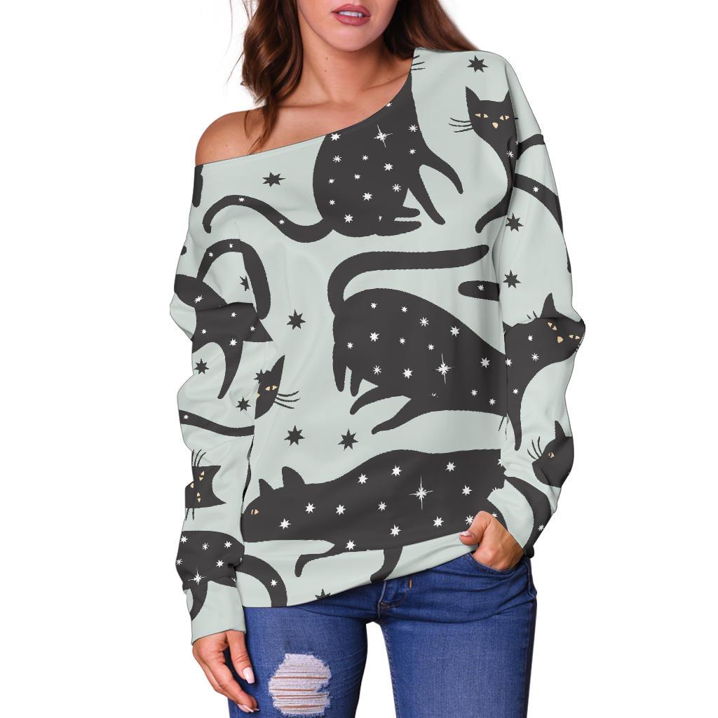 Black Cat Print Pattern Women Off Shoulder Sweatshirt-grizzshop