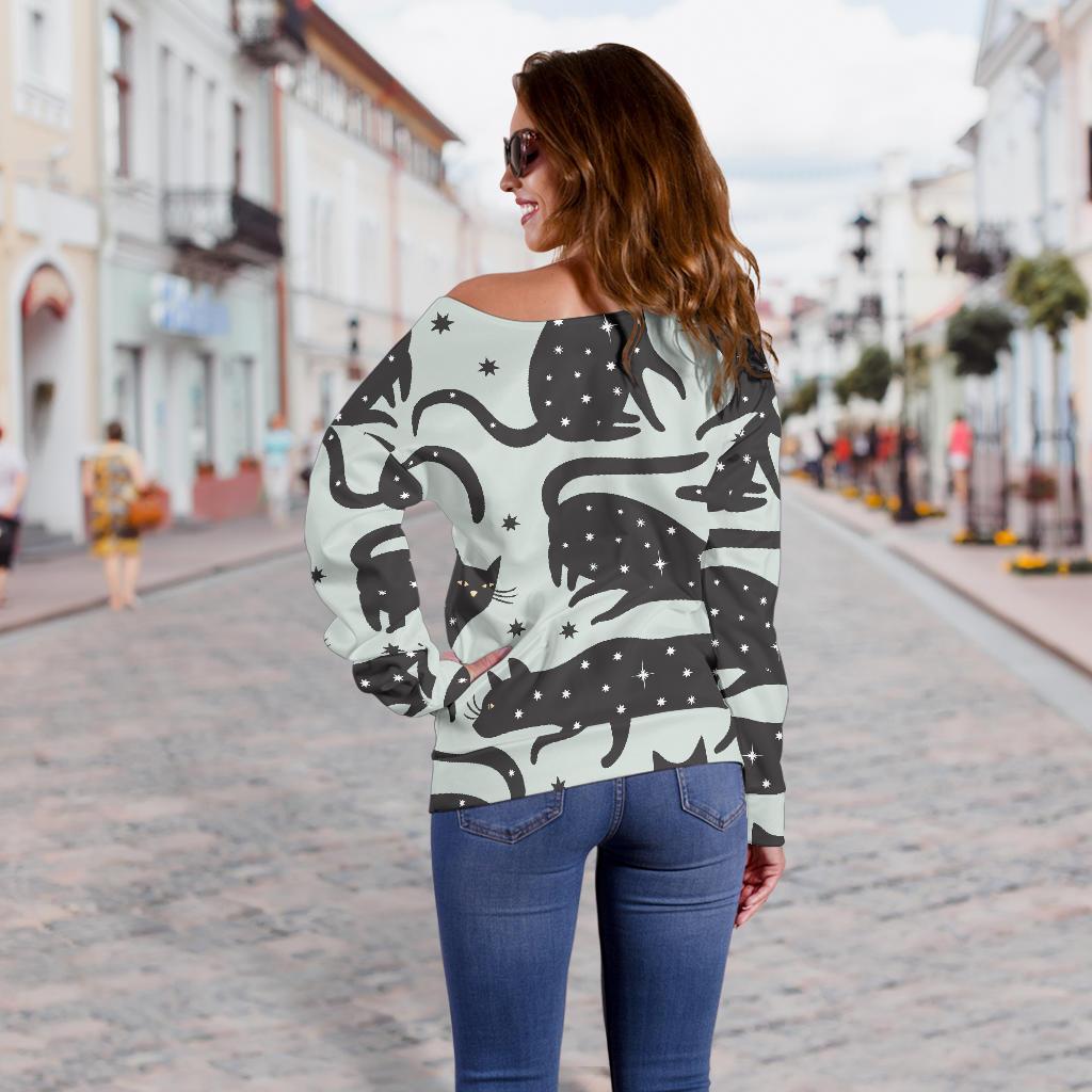 Black Cat Print Pattern Women Off Shoulder Sweatshirt-grizzshop