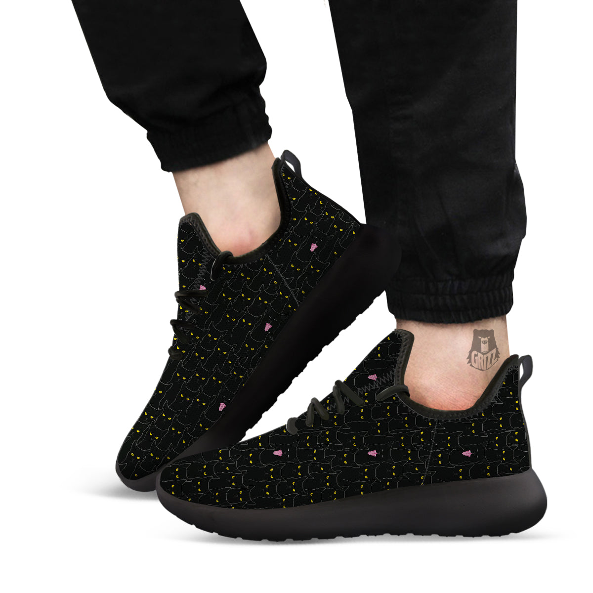 Black Cats Eyes Yellow Print Pattern Black Athletic Shoes-grizzshop