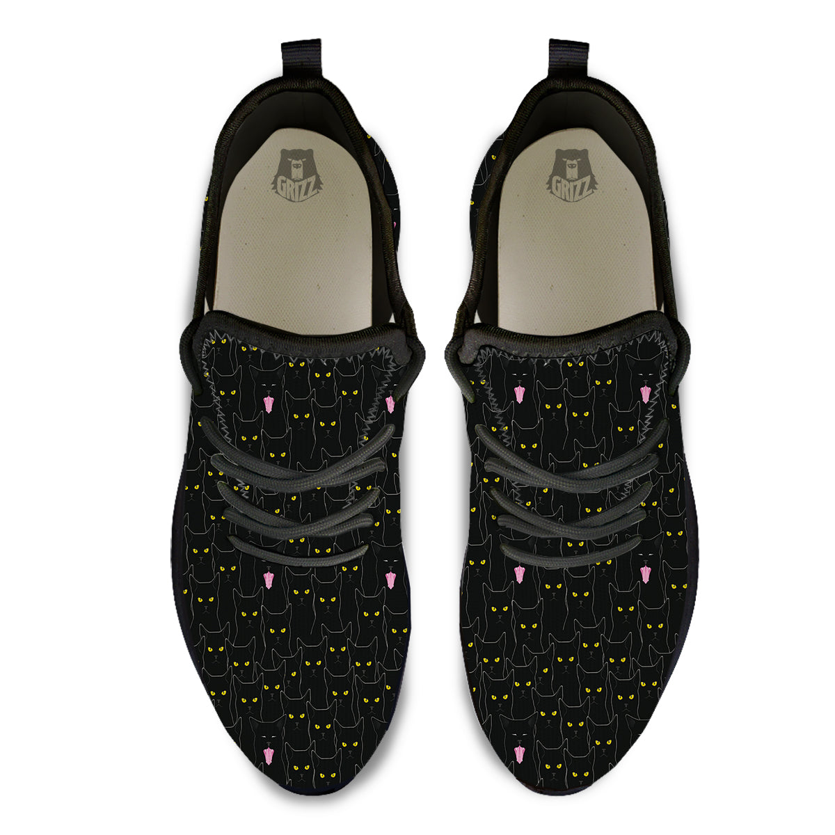 Black Cats Eyes Yellow Print Pattern Black Athletic Shoes-grizzshop