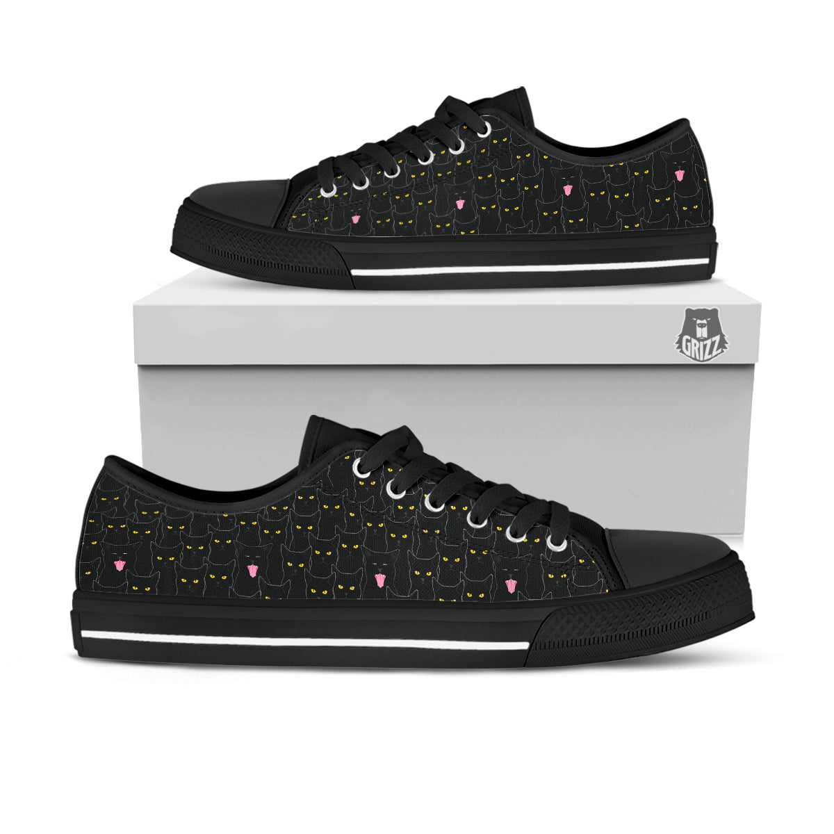 Black Cats Eyes Yellow Print Pattern Black Low Top Shoes-grizzshop