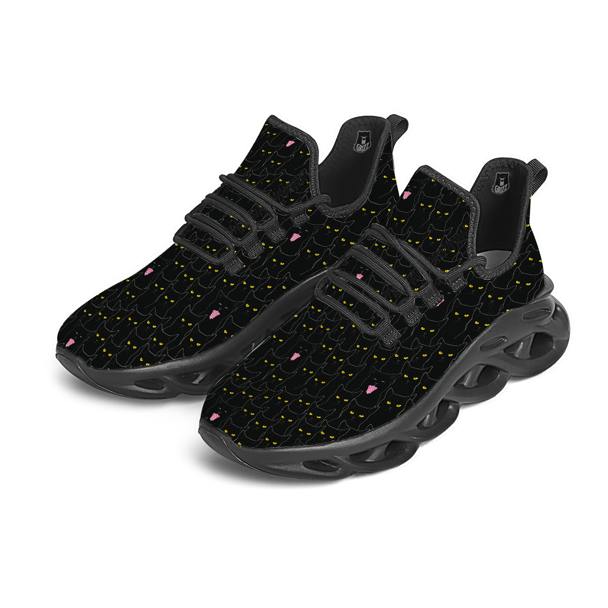 Black Cats Eyes Yellow Print Pattern Black Running Shoes-grizzshop
