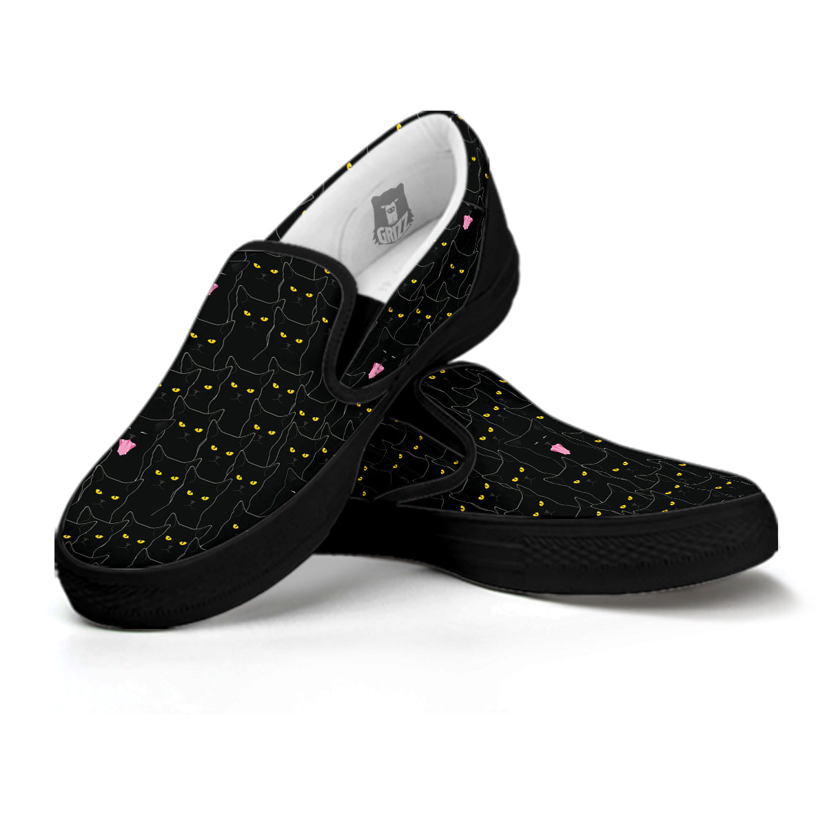 Black Cats Eyes Yellow Print Pattern Black Slip On Shoes-grizzshop