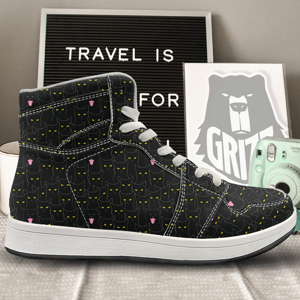 Black Cats Eyes Yellow Print Pattern High Top Sneakers-grizzshop